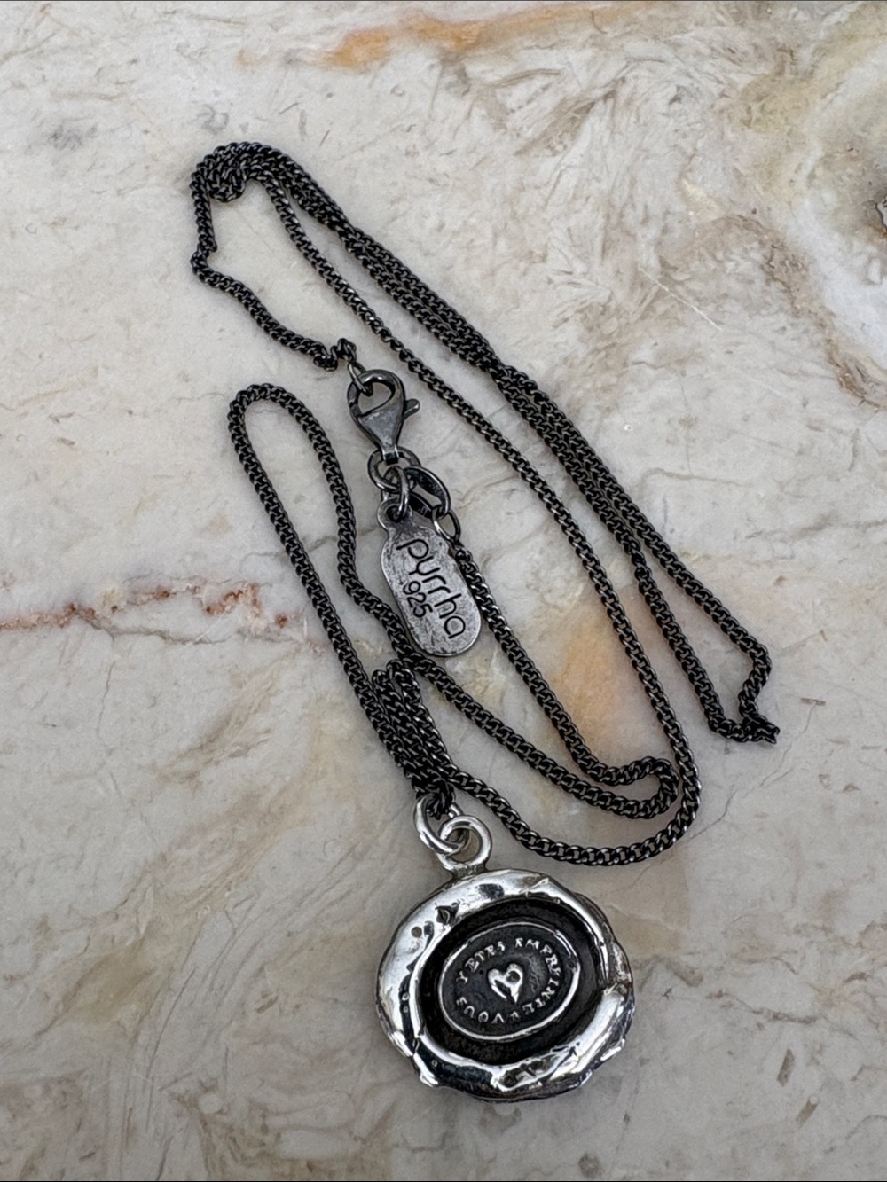 Pyrrha “Heart Print” 925 Sterling Silver Talisman 18” Oxidized Pyrrha Chain